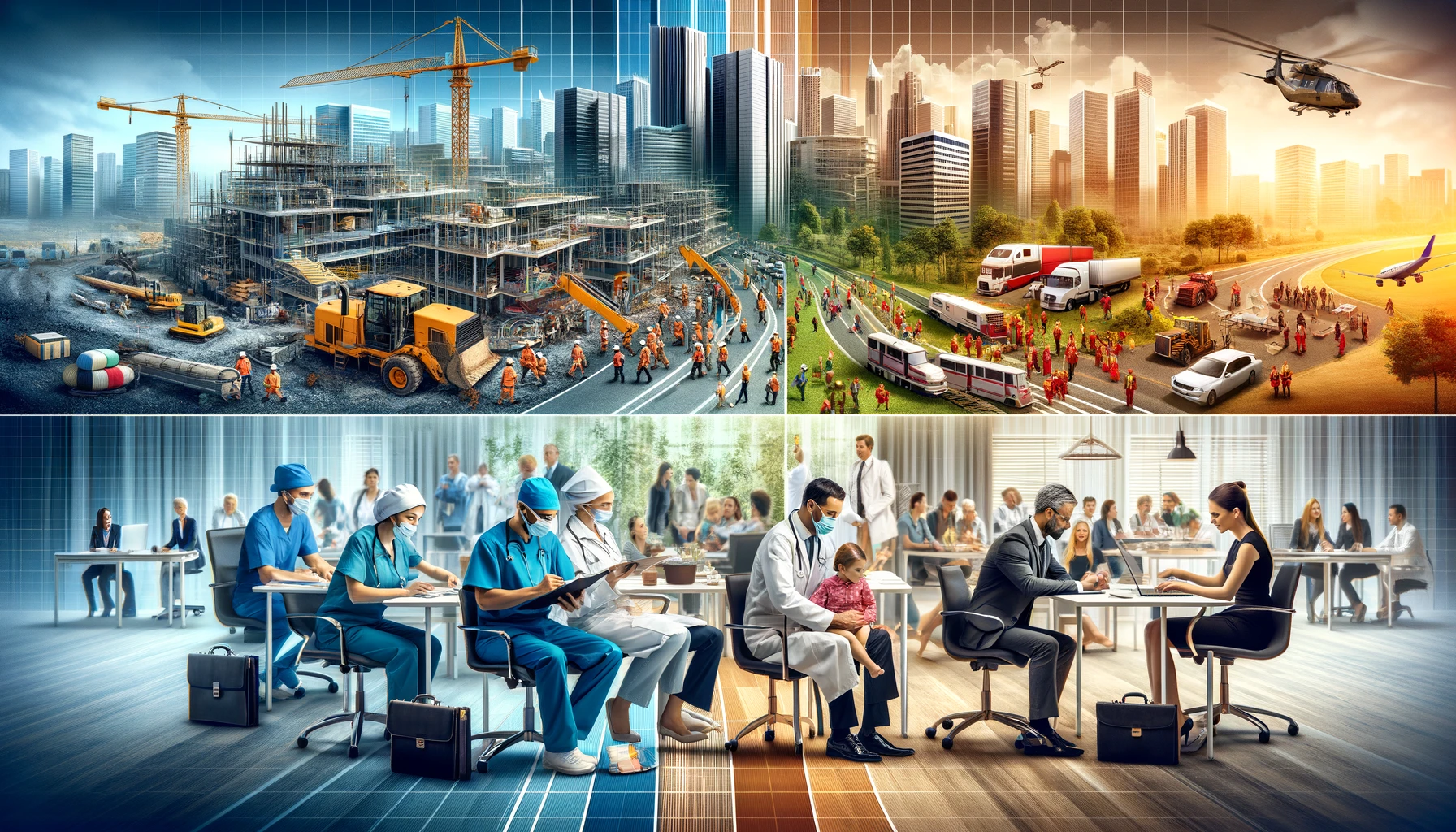 DALL·E 2024-02-04 05.41.55 - A composite image showing four distinct sections, each representing a different industry. The first section depicts a bustling construction site with